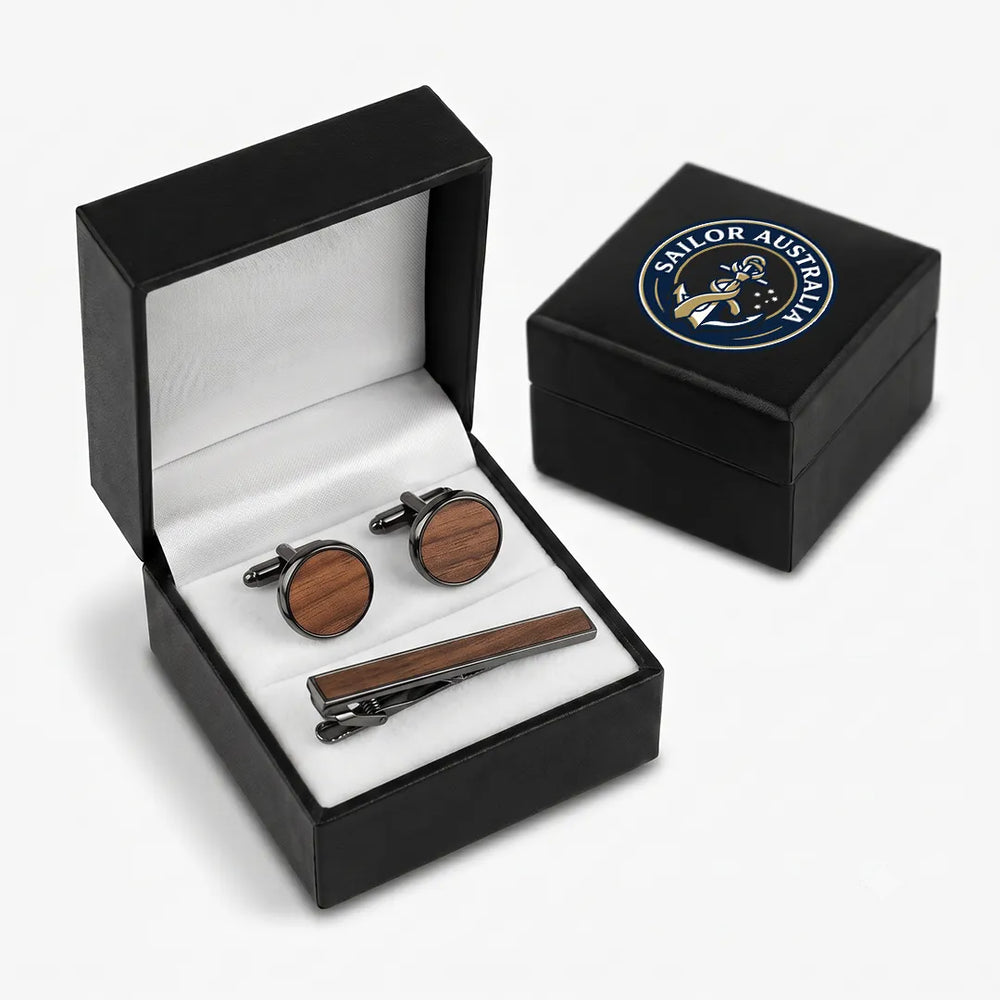 Gunmetal & Wood Cufflink & Tie Clip Set | Wedding & Formal Accessory