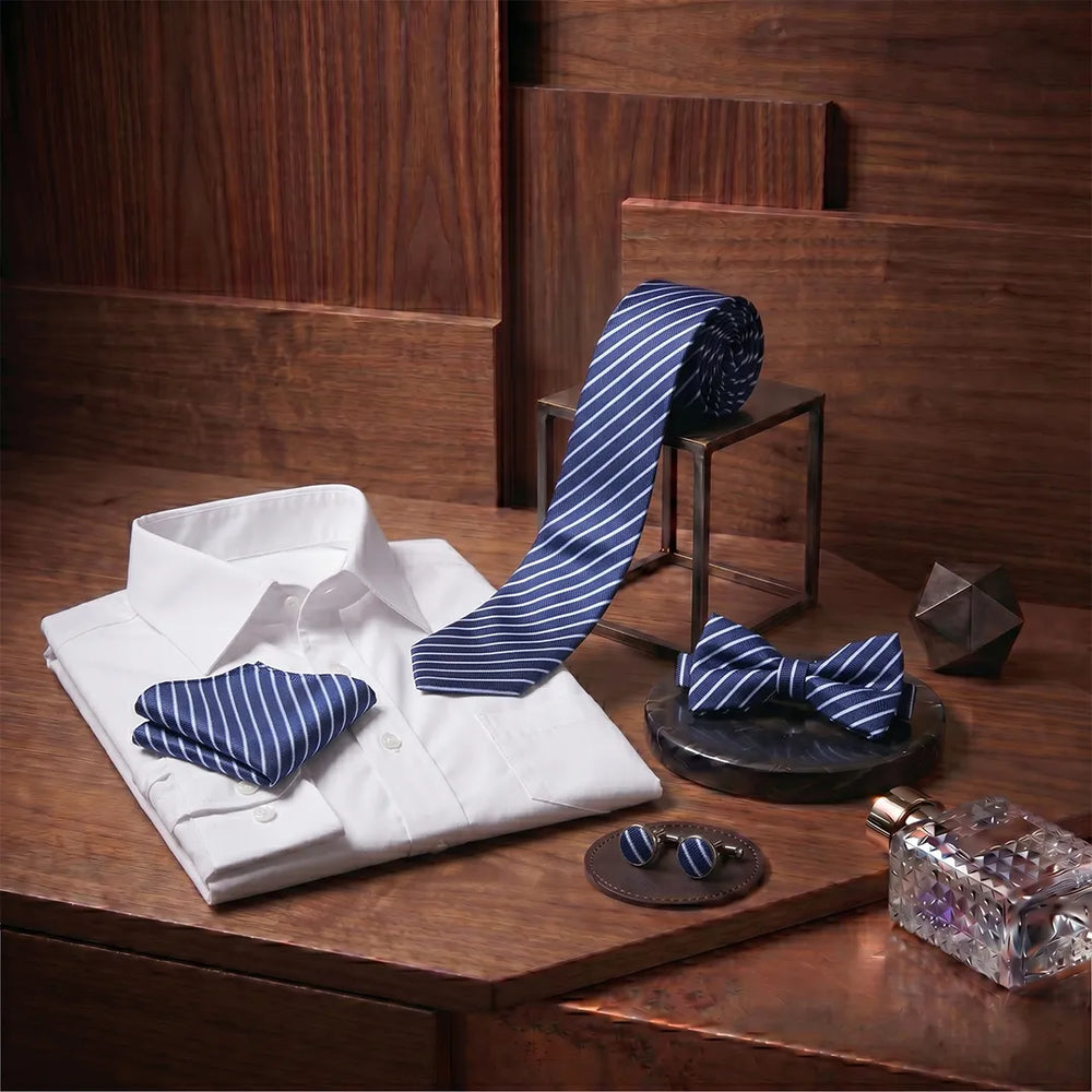 Navy & White Stripe Tie Set | Wedding & Formal Accessory Set