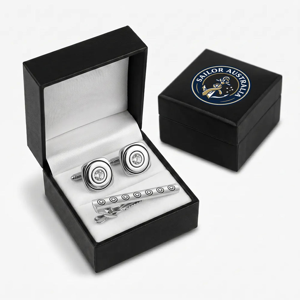 Silver & Black Circle Crystal Cufflink & Tie Clip Set | Wedding & Formal