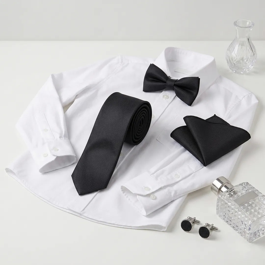 A men's formal accessory set arranged on a white dress shirt, including a black tie, black bow tie, black pocket square, and black cufflinks, with a clear glass decanter and small clear glass vase nearby on a white surface.
