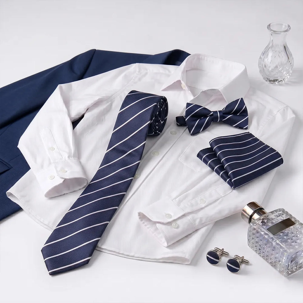 Navy Herringbone Stripe Tie Set | Wedding & Formal Accessory Set