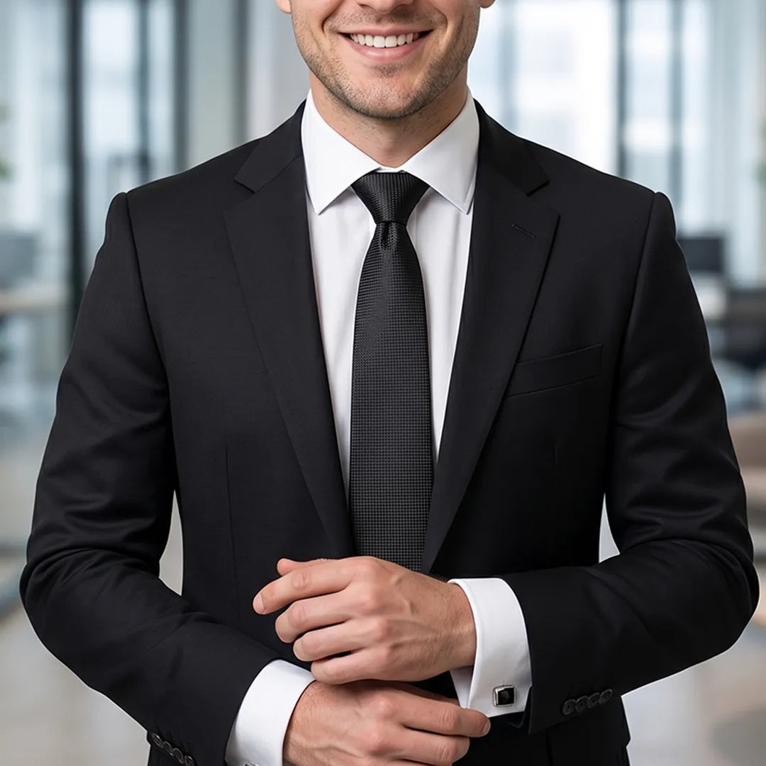 Close-up shot of model wearing the black micro-grid necktie styled with a black tailored suit and white dress shirt