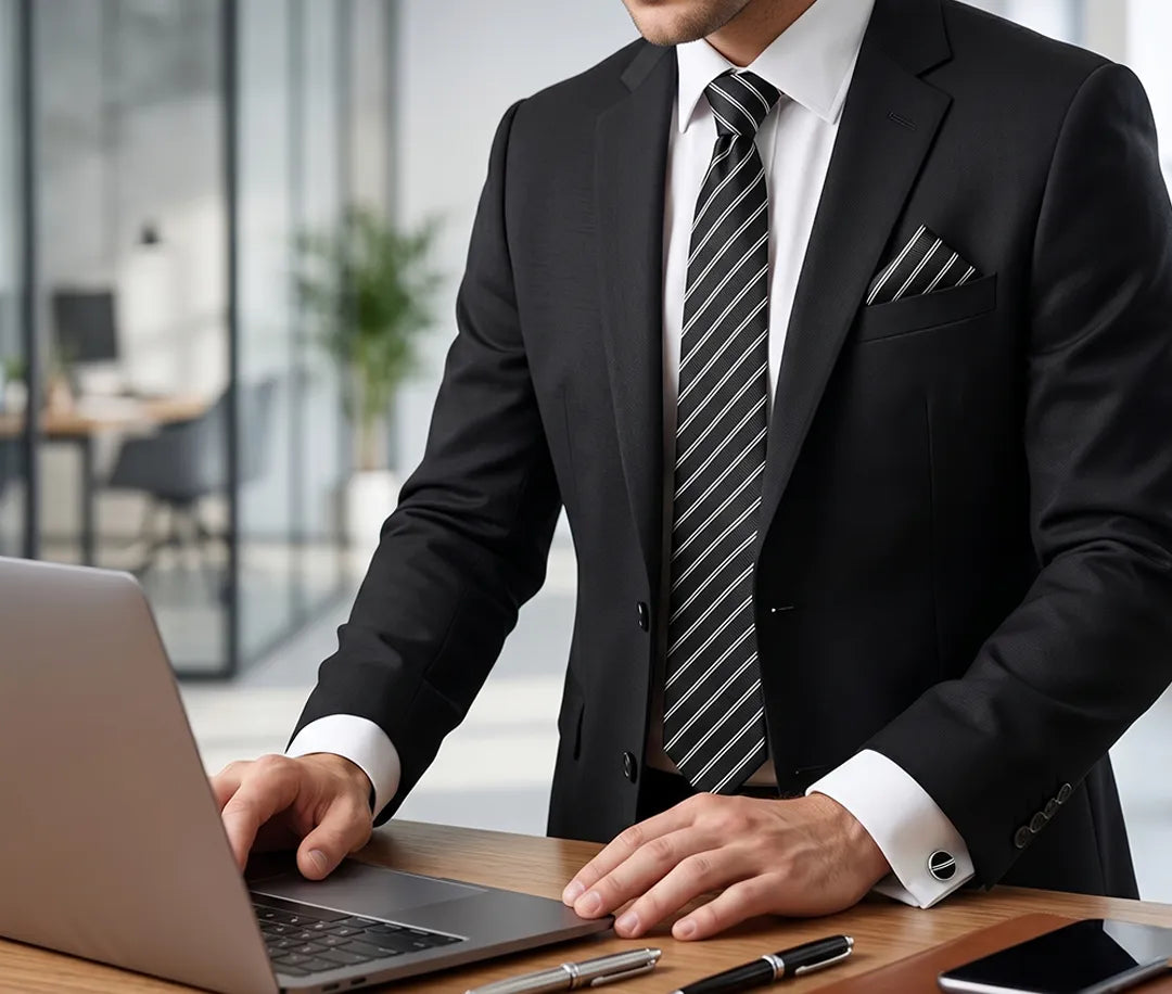 A man in a black suit, white dress shirt, and striped tie stands at a wooden desk using a laptop in a modern office setting.