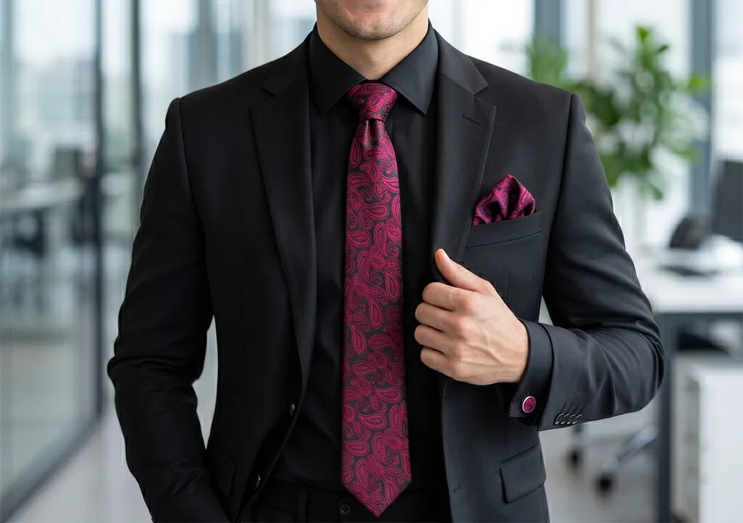 A man wearing a black suit jacket, black dress shirt, and a dark red paisley patterned tie with a matching pocket square, shown from the waist up in a modern office setting.