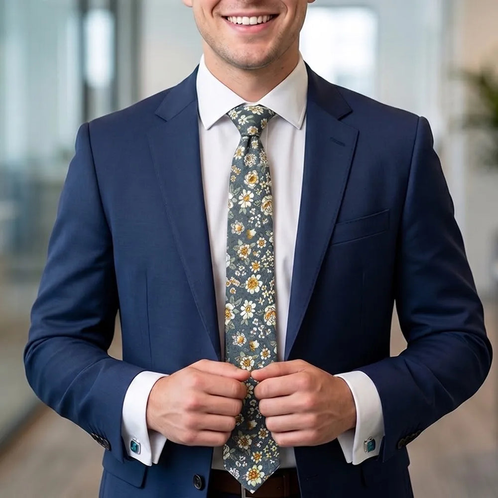 Slate Navy & Yellow Meadow Floral Cotton Slim Necktie | Sailor Australia