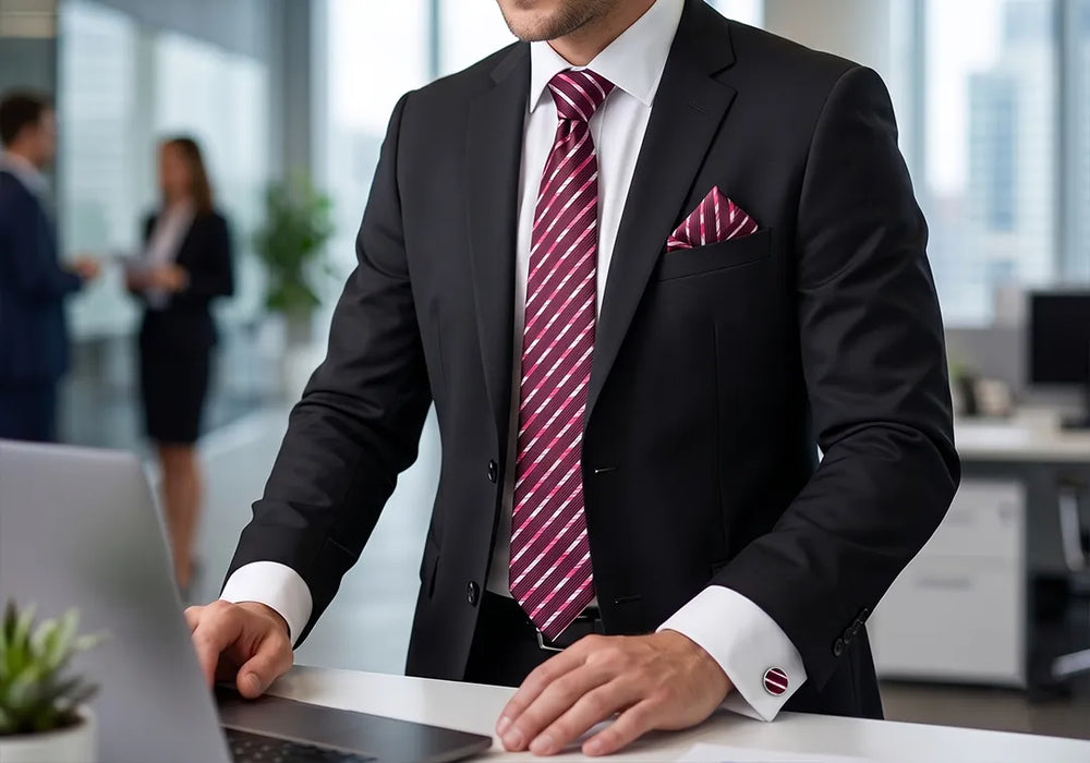 Burgundy & White Stripe Tie Set | Wedding & Formal Accessory Set