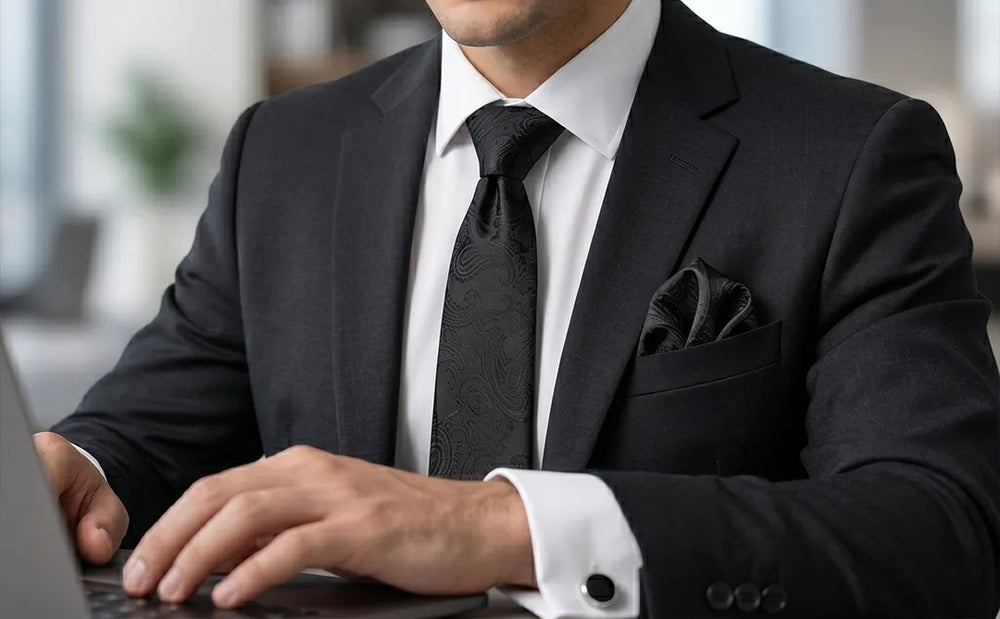 Black Paisley Jacquard Tie Set | Wedding & Formal Accessory Set