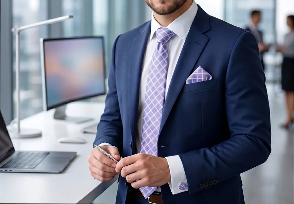 Lavender Windowpane Check Tie Set | Wedding & Formal Accessory Set