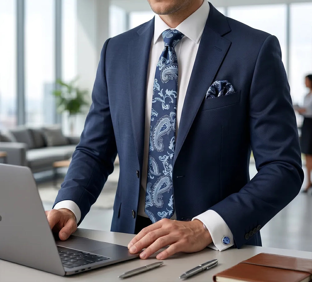 Navy & Light Blue Paisley Tie Set | Wedding & Formal Accessory Set