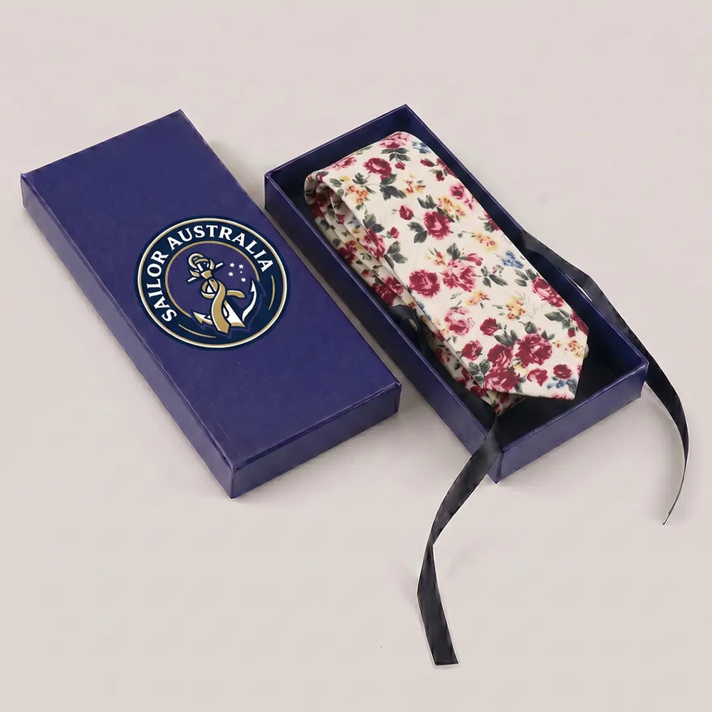 Cream Vintage Rose Floral Cotton Slim Necktie | Sailor Australia