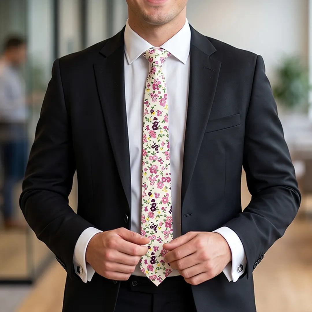 Close-up shot of model wearing the berry pink and plum ditsy floral cotton slim necktie styled with a black suit and white dress shirt