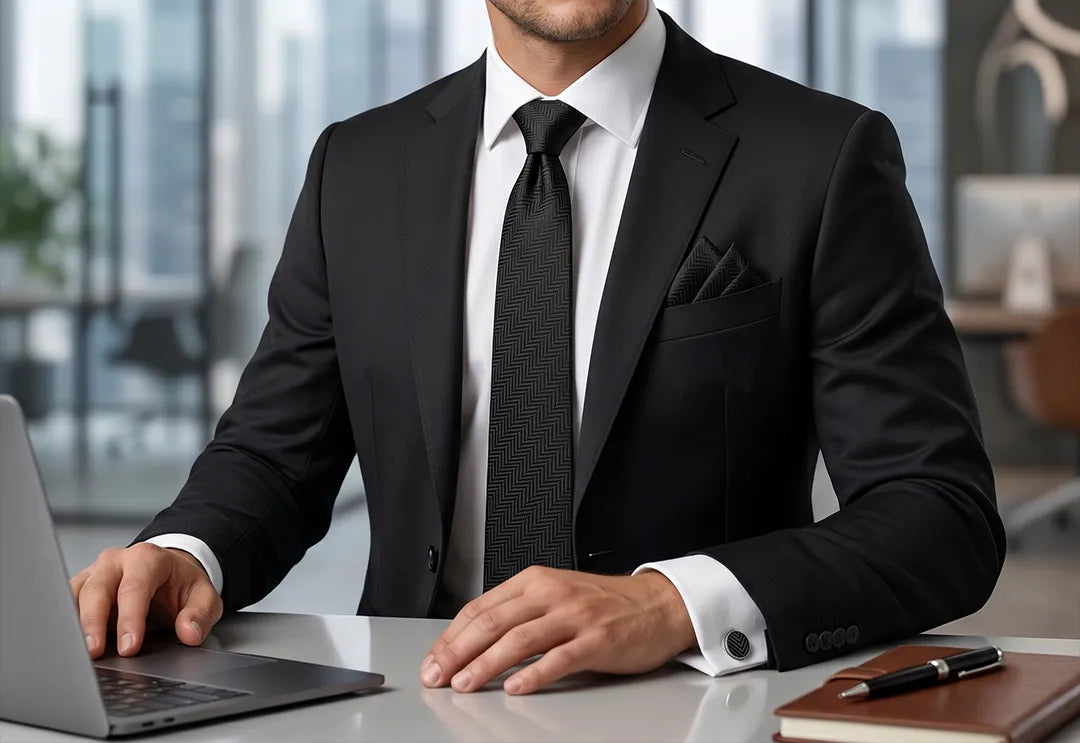 A man in a black suit, white dress shirt, and black tie sits at a desk using a laptop in a modern office setting.