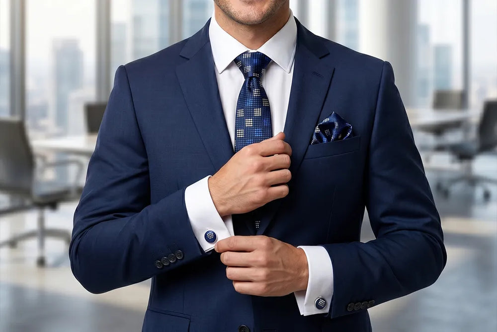 Navy & Gold Geo-Check Tie Set | Wedding & Formal Accessory Set