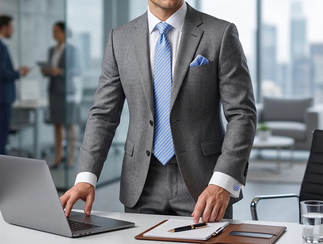 A man in a gray three-piece suit, white dress shirt, and light blue striped tie stands at a desk in a modern office, using a laptop with a notebook in front of him.