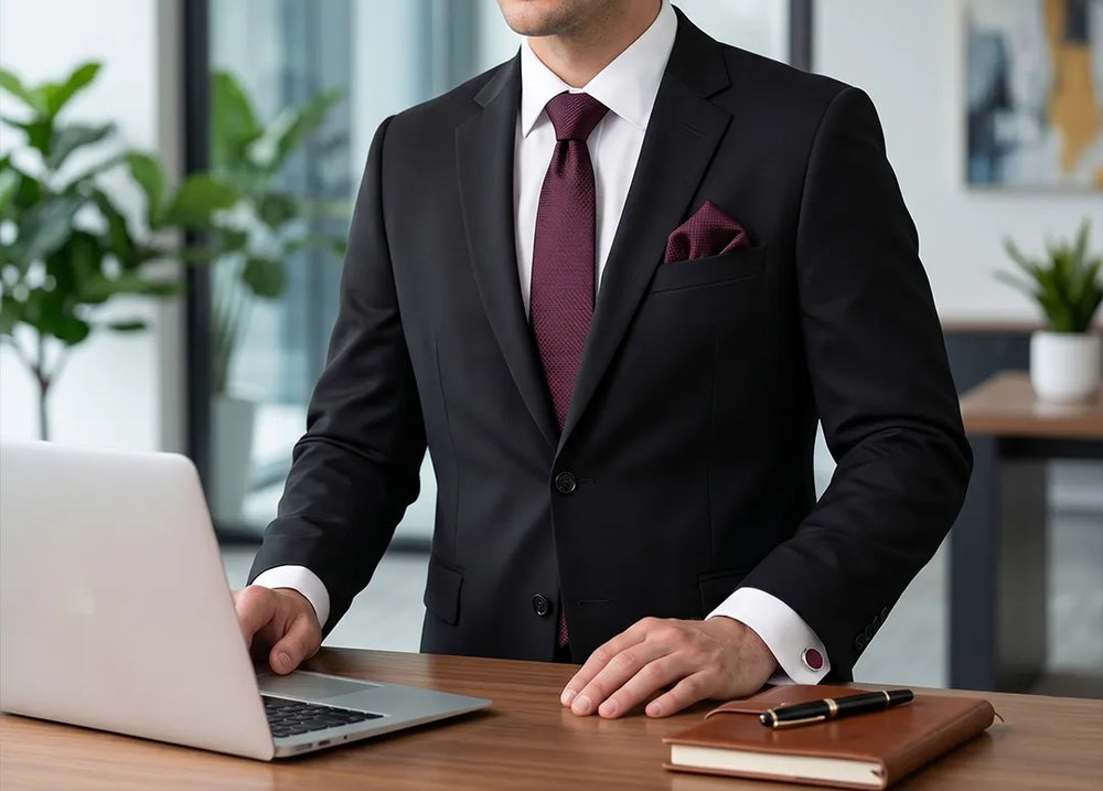 Deep Burgundy Textured Tie Set | Wedding & Formal Accessory Set