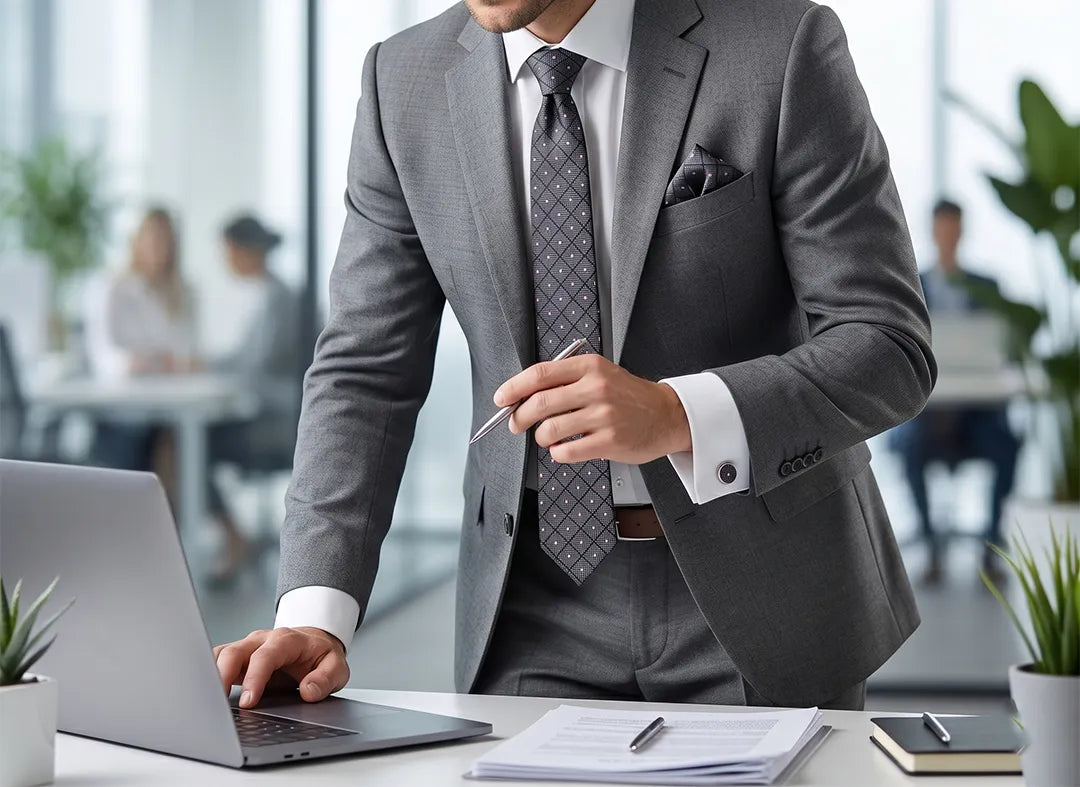 A man in a gray suit, white dress shirt, and patterned tie stands at a desk using a laptop in a bright office setting.
