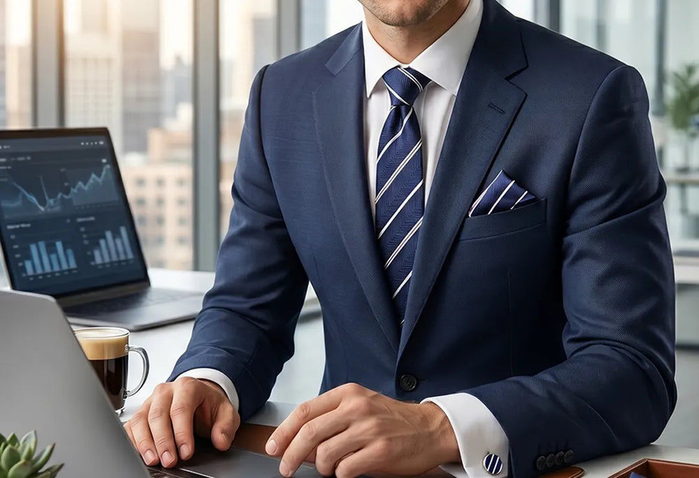 Navy Herringbone Stripe Tie Set | Wedding & Formal Accessory Set
