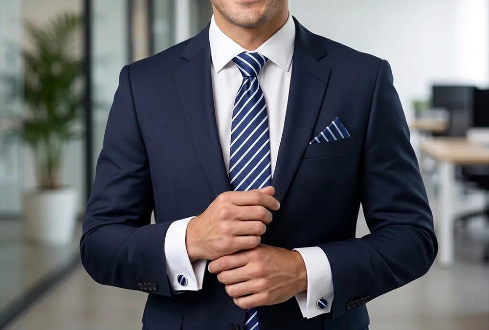 Navy & White Stripe Tie Set | Wedding & Formal Accessory Set