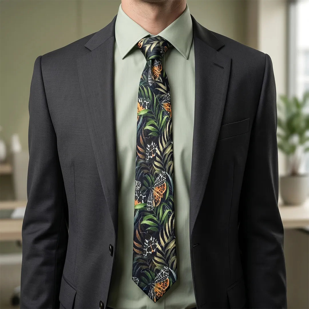 A man wearing a dark gray suit jacket, a light sage green dress shirt, and a patterned necktie featuring green tropical leaves and orange butterflies on a dark background.