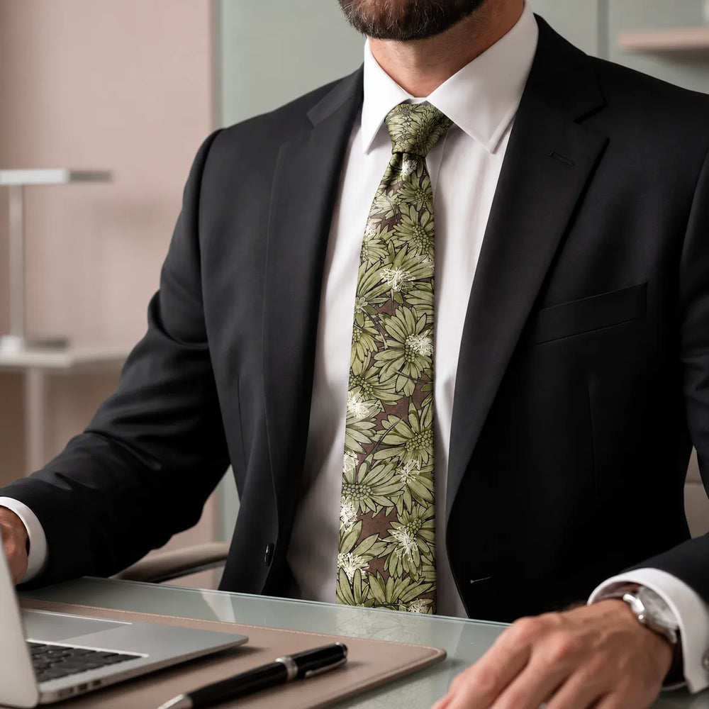 Olive Botanical Floral Silk Necktie | Sailor Australia