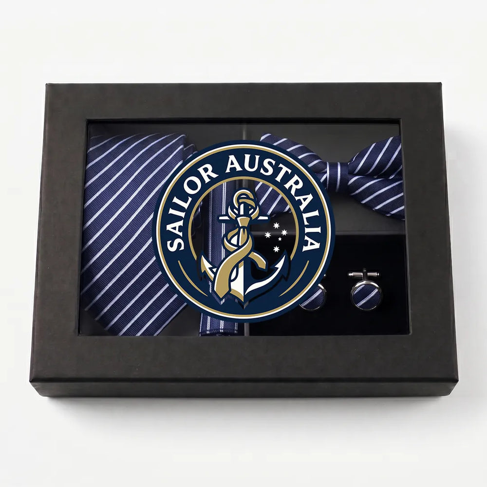 Navy & White Stripe Tie Set | Wedding & Formal Accessory Set