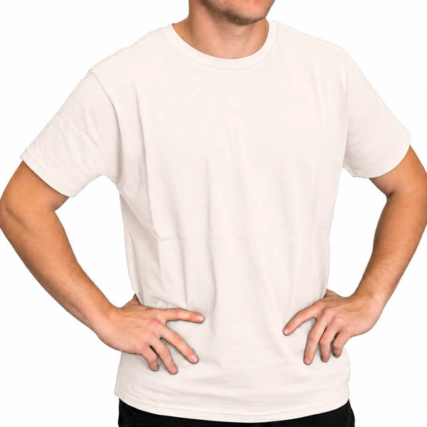 Front view of a man wearing a classic bone crew neck short-sleeve t-shirt with hands on hips.