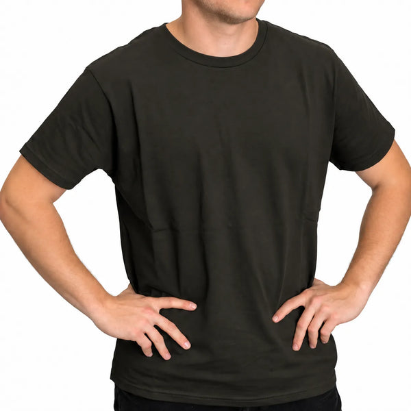 Front view of male model in studio wearing a regular fit charcoal crew neck cotton t-shirt