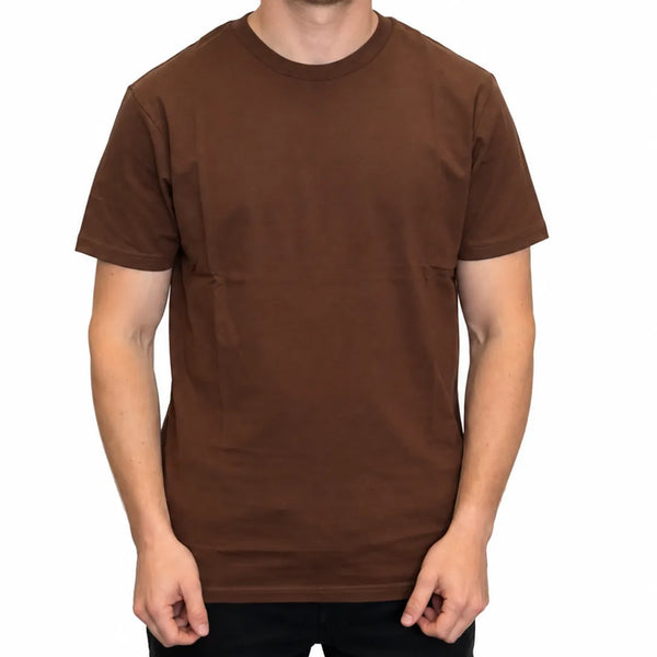 Front view of male model wearing a regular fit men's chocolate brown crew neck t-shirt in Australian combed cotton