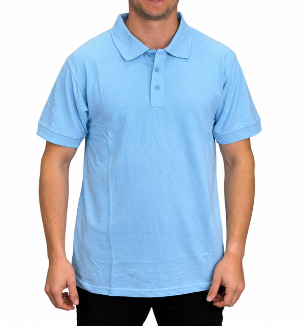 Front view of a man wearing a powder blue short-sleeve polo shirt with a three-button placket.