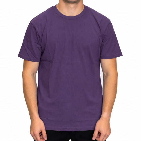 Front view of a man wearing a classic purple short-sleeve crew neck t-shirt.

