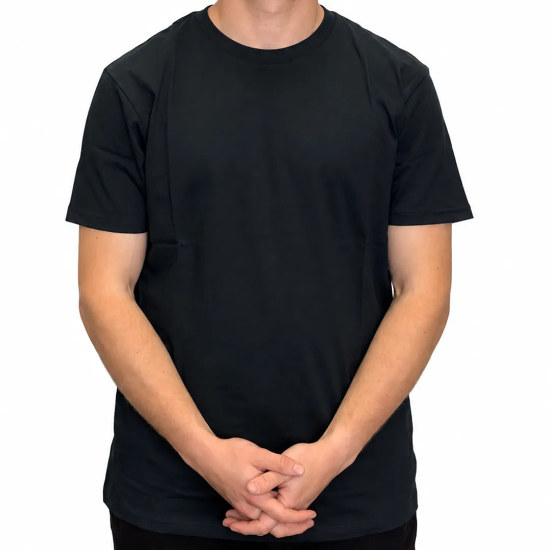 Front view of a man wearing a classic black crew neck short-sleeve t-shirt.