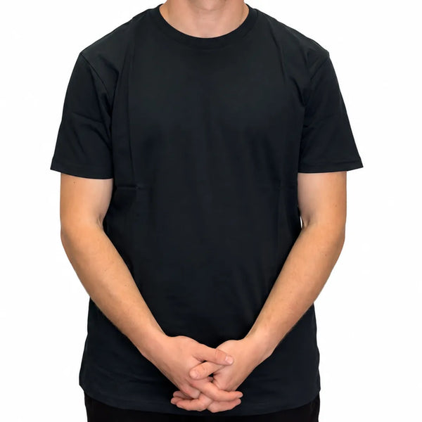 Front view of a man wearing a classic black crew neck short-sleeve t-shirt.