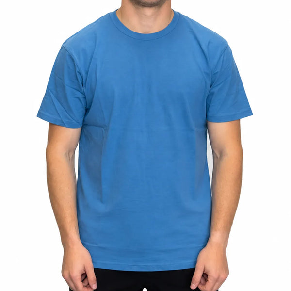 Front view of male model wearing a regular fit men's hydro blue crew neck t-shirt in Australian combed cotton