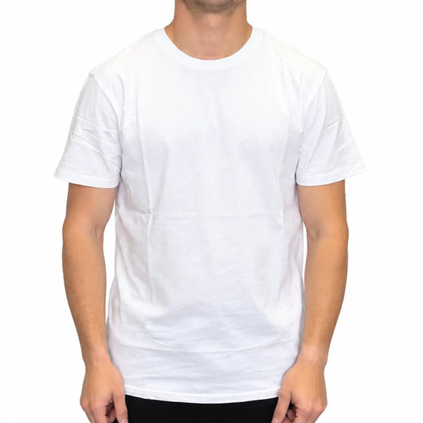 Front view of a man wearing a classic white crew neck short-sleeve t-shirt.