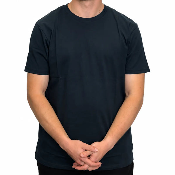 Front view of male model wearing a regular fit navy blue short-sleeve crew neck t-shirt